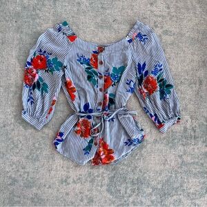 Anthropologie Blue and Red Floral Striped Blouse
